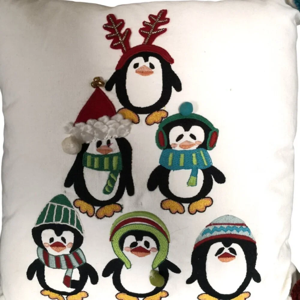 Pier 1 Embroidered Christmas Penguin‎ Pom Pom Holiday Accent Pillow 18